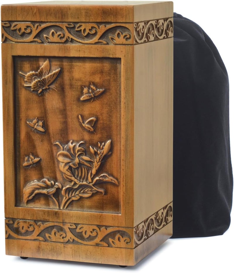 engmvwod Handmade Wooden Engraved Urn for Human Ashes Adult Male Female Satin Bag Cremation urns Box (Butterfly(250lbs)) - Image 1